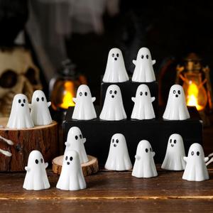 Beeveer 50 Pcs Halloween Mini Ghosts Figurines Resin Tiny Ghosts Spooky Small Miniature Figures Tiered Tray Decor Garden Cake Topper Dollhouse Micro Home Tabletop Landscape Decor (White)