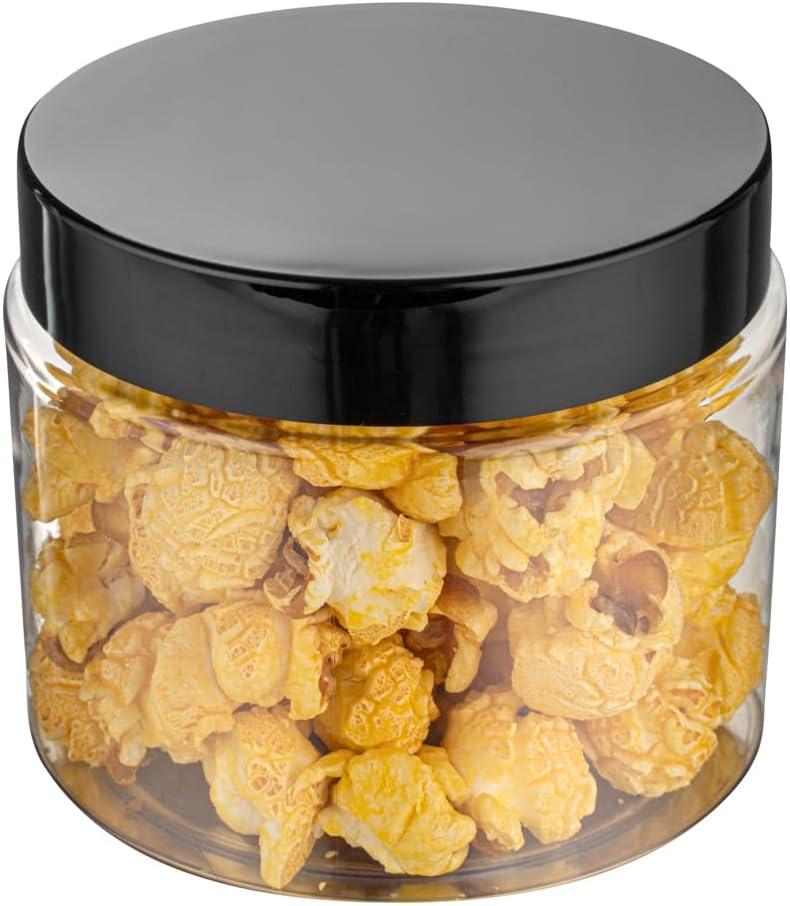 RW Base 16 Ounce Candy Jars, Durable Kitchen Storage Containers - Round, Airtight Seal, Clear Plastic Snack Jars With Black Plastic Lids, For Table Display, Or Candy Buffet - Restaurantware (16 oz)