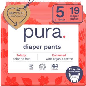 Pura Hypoallergenic Diaper Pants Size 5 (27-38 lbs) Overnight, up to 12 Hours Leak Protection, Suitable for Sensitive Skin, Totally Chlorine Free, Soft Organic Cotton, 1 Pack of 19 Pull Up Pants