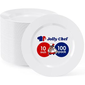 JOLLY CHEF 100 Pieces White Plastic Plates-10 Inch Elegant Disposable Plastic Plate, Disposable White for Weddings,Parties,Christmas,Birthdays and Events