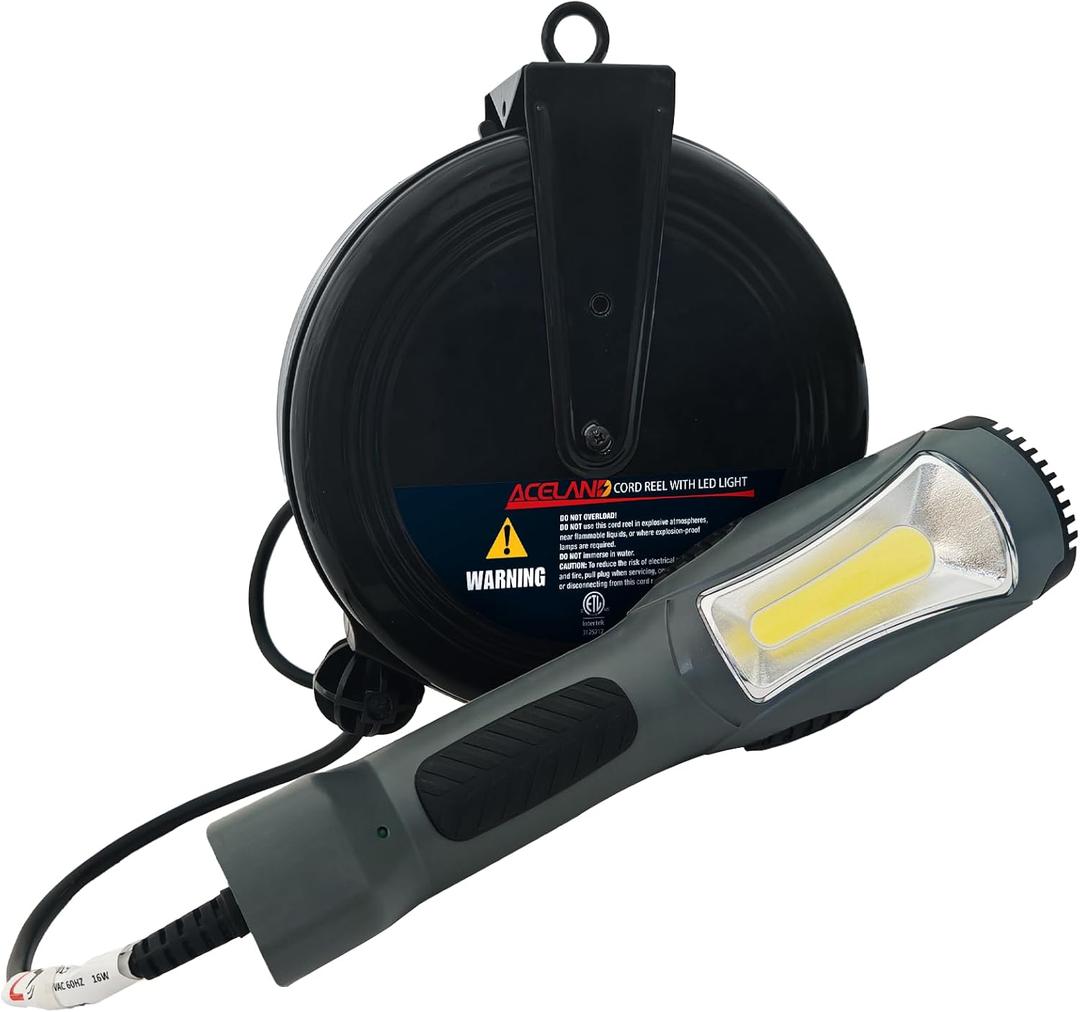 Portable Corded LED Work Light with 30 Feet Retractable Cord Reel, 1600 Lumens, 116AWG 3C SJTW Cord Handheld Outdoor Work Light, UV and Weather Resistant, Magnetic Mount, UL Listed