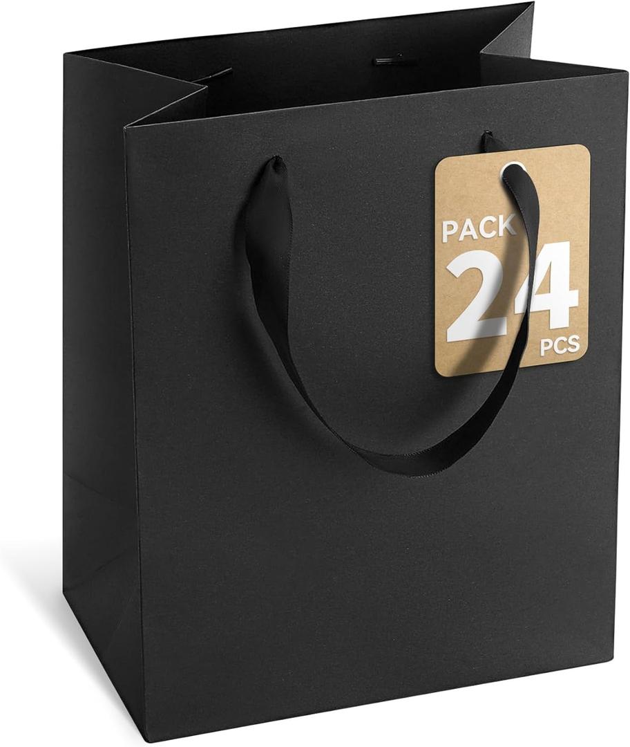 Black Gift Bags With Handles, 8x5x10 Inch Sturdy Kraft Paper Gift Bags, Bulk for Wedding, Party, Birthday, Business and Shopping (Black-M-24-pcs)