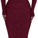 PRETTYGARDEN Women's Fall Off The Shoulder Maxi Dress Spring Long Sleeve Ruched Fitted Bodycon Club Dresses with Slit (Large, Wine Red)