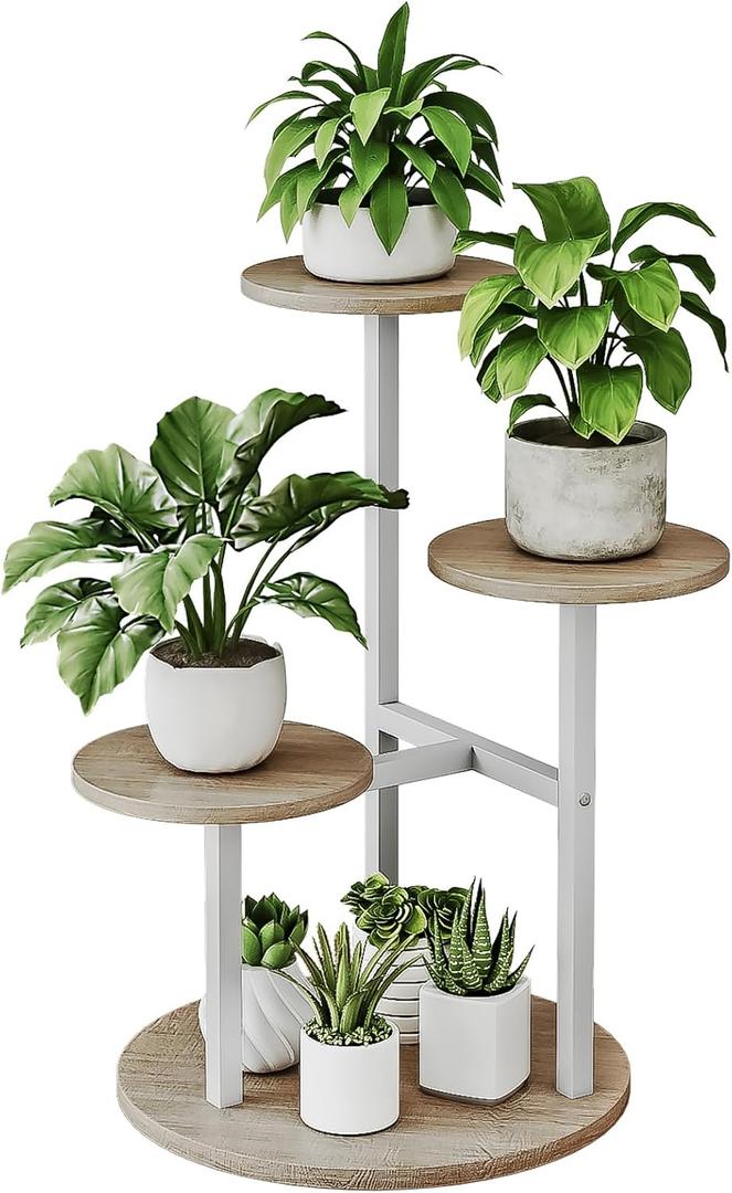 INGIORDAR Plant Stand Indoor Outdoor Corner Flower Stands Multiple Flower Pot Holder for Patio Garden Balcony Living Room 4 Tier White+Sonoma Oa
