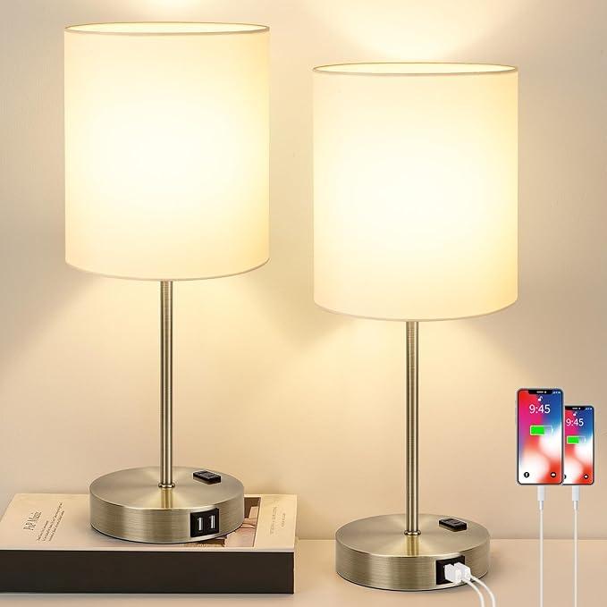 Set of 2 Touch Control Table Lamps with 2 USB & AC Outlet, 3-Way Dimmable Bedside Nightstand Lamps for Bedroom Living Room Nursery, 800 Lumens 5000K Daylight Bulbs Included (White & Brass(Base)-Two 3000K Bulbs)