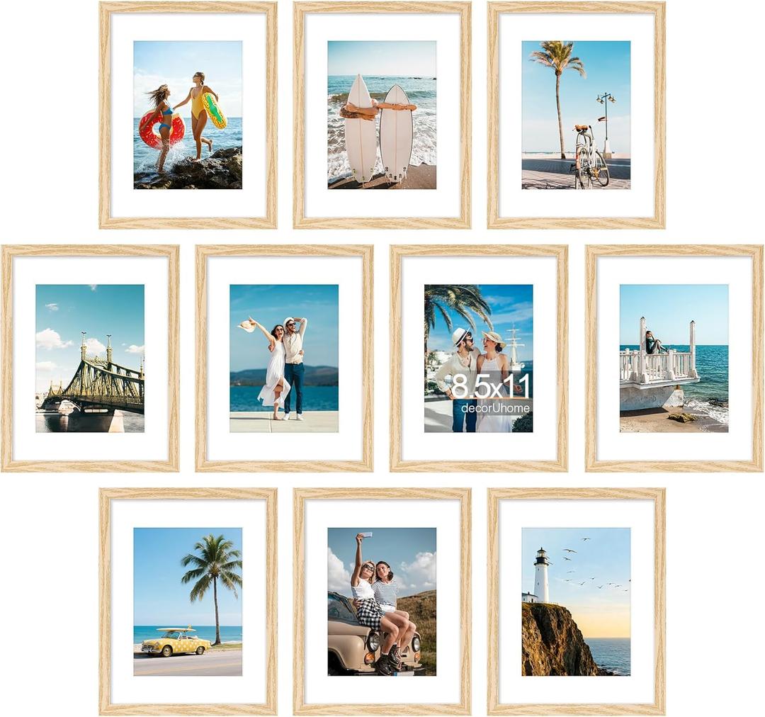 decorUhome 8.5 by 11 Picture Frame Set of 10, Display Photos 6x8 with Mat or 8.5x11 Unmatted for Picture Frames Collage Wall Decor, Natural