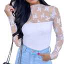 PINKMSTYLE Women's Long Sleeve Lace Bodysuit High Neck Sexy Tops for Going Out, Concert, Date Night Outfits (White, XL)