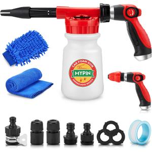 Car Wash Foam Gun/Hose Sprayer, 16 IN 1 Cannon, Adjustable with 2.5-6 Ratio Dial Foam Blaster, 1L Bottle, Nozzles, Mitten, 1/2 Quick Connector for Garden Hose, for Car/Garden Cleaning