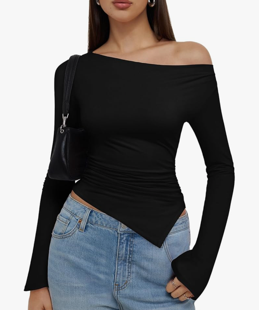 REORIA Women’s Sexy Boat Neck Off Shoulder Tops Long Sleeve Asymmetrical Hem Ruched Slim Fit Shirts Going Out Y2k Fall Blouse, Black,XL