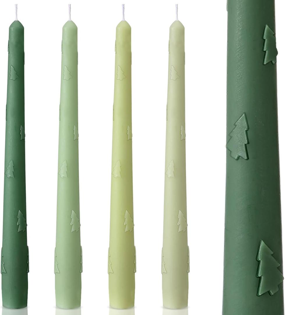 Nuanchu 4 Pcs 10 Inch Christmas Tree Taper Candles Green Long Tapered 3D Candlesticks Unscented, Smokeless, Dripless for Birthday Dinner Wedding Party Home Decor