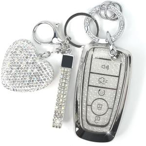 Key Fob Cover with Diamond Keychain for Women, Car Key Holder Compatible with Ford Explorer Fusion Edge Expedition F150 F250 F350 F450 F550 Maverick Mustang, 5 Buttons (Silver-Heart)
