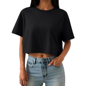 Trendy Queen Womens Crop Tops Oversized Workout Tshirts Short Sleeve Tees Summer Spring 2025 Casual Trendy Fashion Clothes (XX-Large, Black)