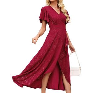 Long Black Formal Dresses for Women Gowns Evening Party Cocktail Dress,Split Elegant V Neck Wrap Ruffle Wedding Guest Dresses Medium