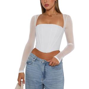 REORIA Women's Sexy Mesh Long Sleeve Boned Corset Top Trendy Y2K Square Neck Going Out Bustier Crop Tops (White, M)