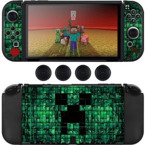 DLseego My World MC Protective Case for Switch OLED New Model, Dockable Soft Shell Cute Cover Case for Joycon Controller with 4PCS Thumb Grips Caps - Green OLED