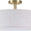 15 Inch Drum Gold 3 Light Semi Flush Mount Close to Ceiling Light Fixture,Linen Fabric Shade for Bedroom,Living Room,Dining Room Hallway
