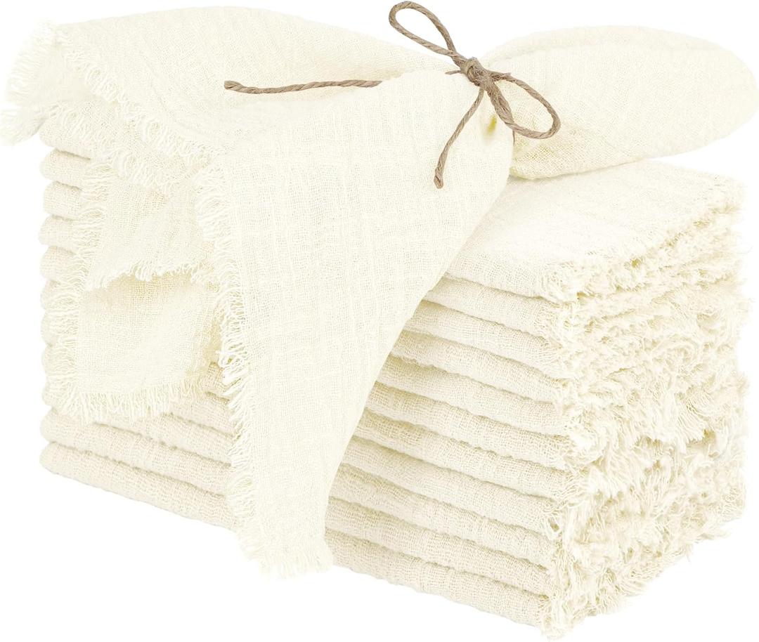 TURSTIN 12 Pieces Cotton Linen Cloth Napkin Handmade Cloth Napkin with Fringe 17 x 17 Inch Soft Cloth Dinner Wedding Napkin Square Rustic Fringe Napkin for Dinners, Parties, Weddings, Ivory