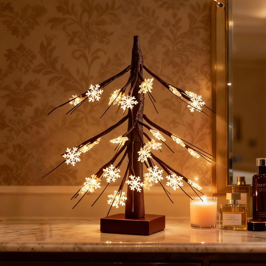 Bluesea Brown Birch Tree with LED Lights, Tabletop Tree with Snowflake Decorations, Battery Powered Timer Money Tree, Christmas Decorations Lighted Tree for Indoor Home Decor (1 PCS)
