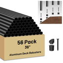56 Pack 36 inch Aluminum Balusters for Deck Railing,Black Round Metal Spindles for Staircase,3/4" Diameter Hollow Deck Ballasters with Screws and Connectors for Railing Fencing Porch Stair Spindles
