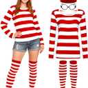 Halloween Costume Sets, Halloween Women Cosplay Red White Striped Shirt Beanie Cap Glasses Socks for Halloween Party (White)