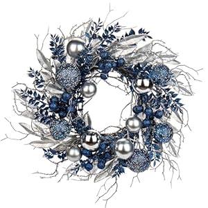 16 in. Unlit Christmas Wreath Blue Door Wreath Handcrafted with Artificial Eucalyptus Berries Ornaments for Farmhouse Holiday Thanksgiving Christmas Decoration