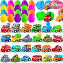 MGparty 24 Pack Prefilled Easter Eggs with Car Toys for Kids Toddlers Bulk Plastic Eggs Pull Back City Truck Vehicles Easter Goodie Bags Stuffers for Toddlers Boys Girls