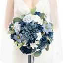 Ling's moment Navy Blue Bridal Bouquet for Bride, Blue Wedding Bouquets for Bride, 13 Inch Silk Round Artificial Wedding Flowers Bouquets