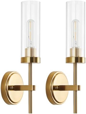 WILON Wall Sconces 2 pcs, Vanity Lights for Bathroom Sconces Wall Lighting with Clear Glass Shades, Vintage Antique Brass Wall Lamp for Mirror Bedroom Living Room Bedside Hallway, Brass Gold
