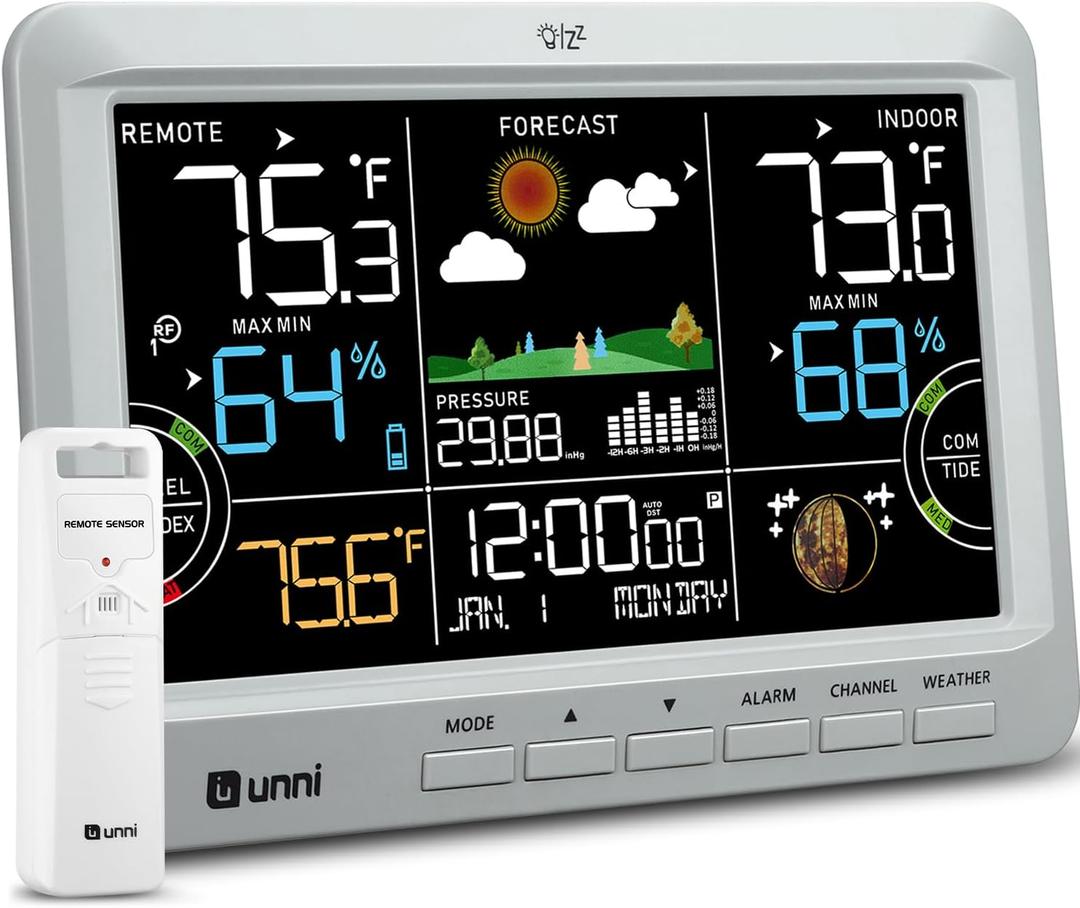 Weather Station Indoor Outdoor Thermometer Wireless, Home Atomic Clock with Large Constant Display, Inside Outside Temperature Humidity Monitor, Dew Heat Point, Barometer Grey