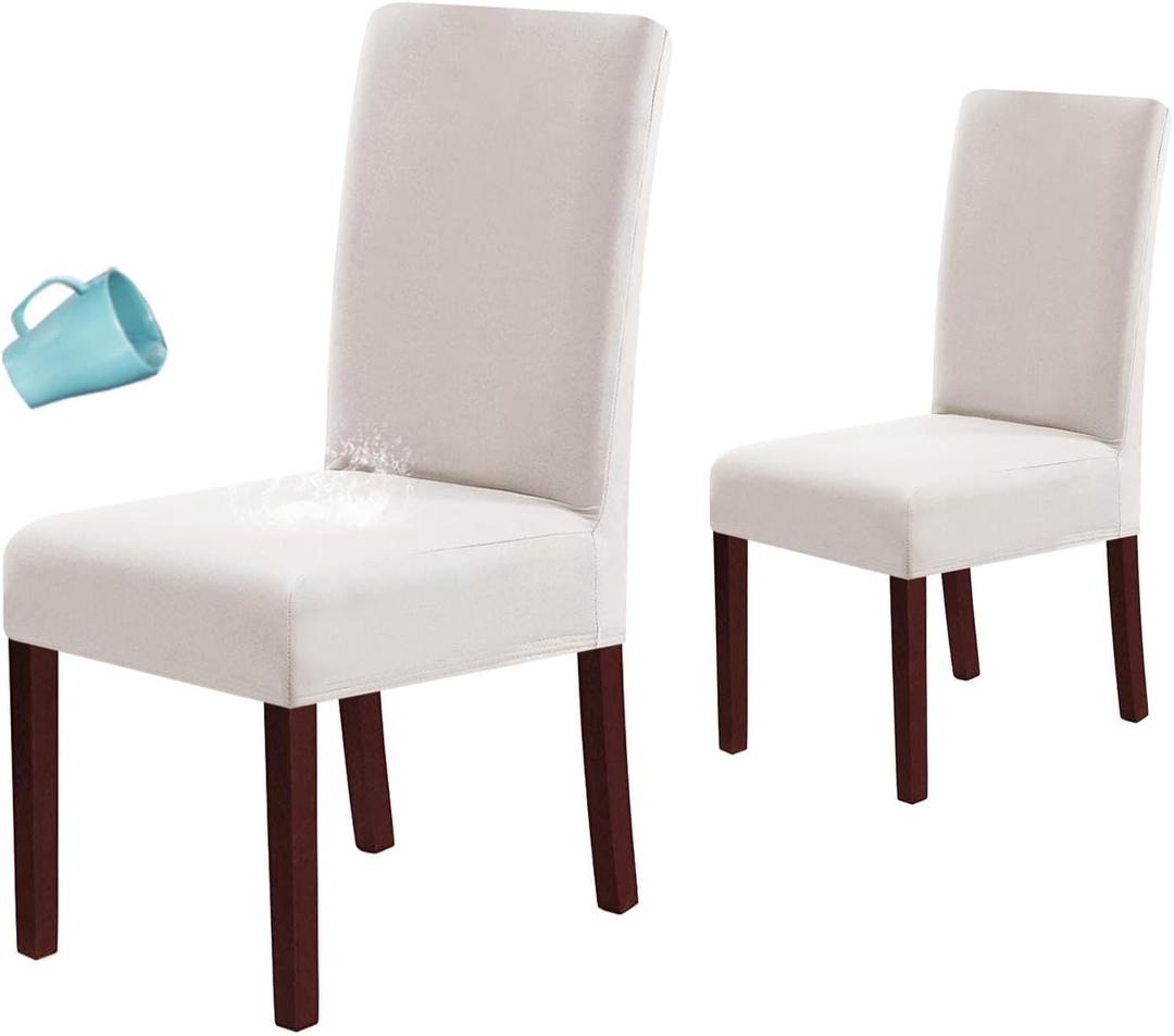 H.VERSAILTEX 100% Waterproof Dining Chair Covers Stretch Chair Covers for Dining Room Set of 2 Parson Chair Slipcovers Chair Protectors Covers Dining, Soft Thick Solid Fleece Fabric Washable, Ivory