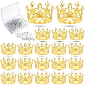 Sureio 100 Pcs Bouquet Wedding Corsages Pins for Flowers and 20 Pcs Crown Cake Topper Flower Rhinestone Head Pins Mini Tiara Birthday Cake Topper for Birthday Party Wedding (Gold)
