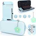 DLseego Blue Switch Case Set Carrying Case with 10 Slots Babyblue Protective Dockable Hard Shell with 4PCS Cute Cat Paw Thumb Grips Caps and 1PC Green Flower Blossom Chain for Switch 2017 Version