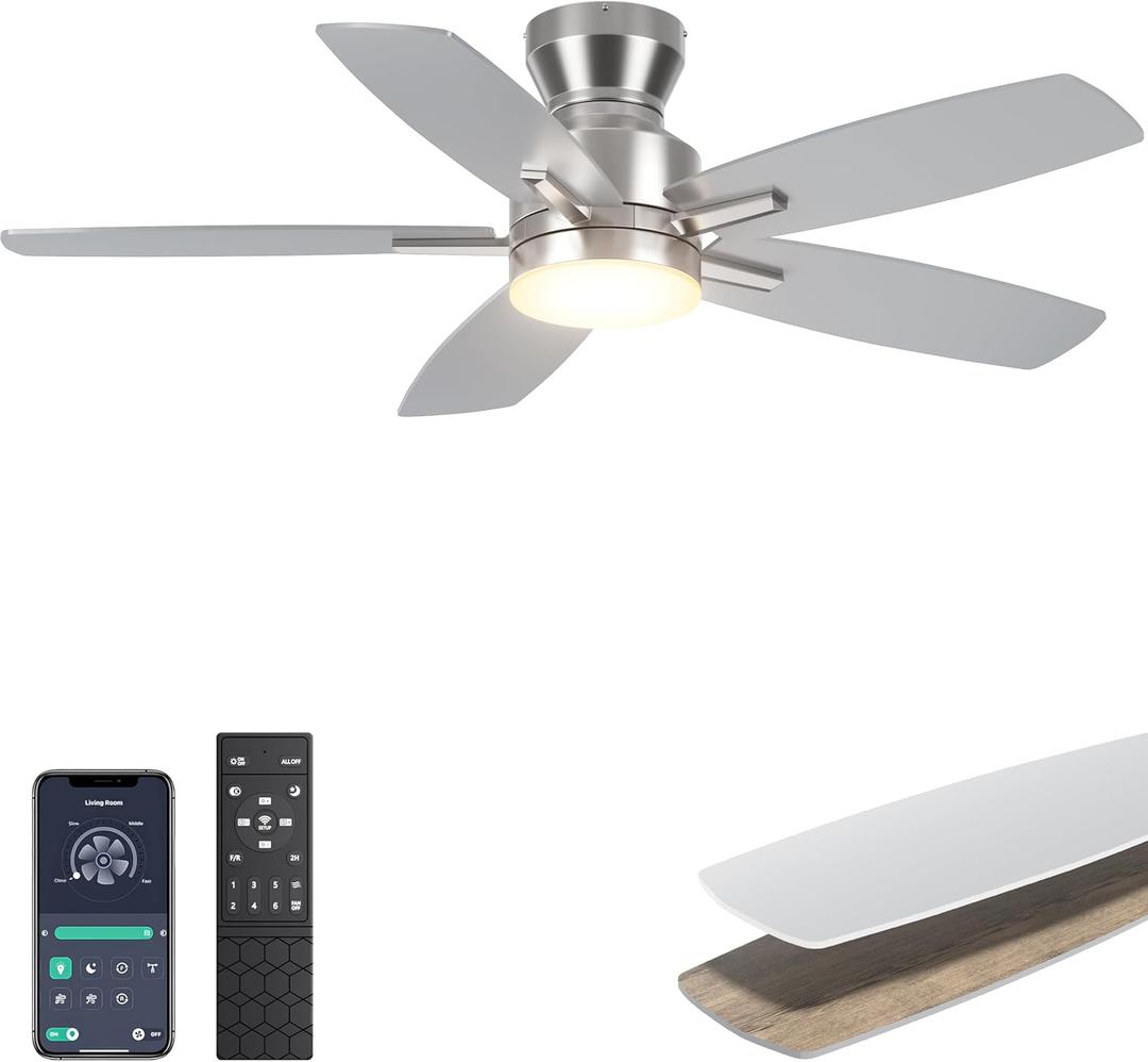 Ohniyou Ceiling Fans with Lights, 42'' Low Profile Ceiling Fan with Light and Remote/APP Control, Modern Flush Mount Ceiling Fan for Indoor Bedroom Kitchen, Dimmable, Qiuet DC Motor, Sliver