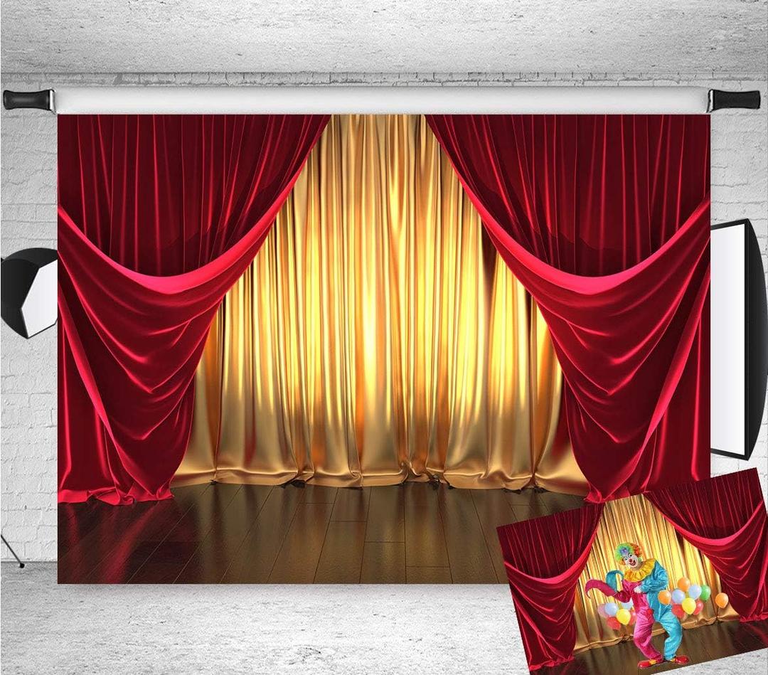 Qian 7x5FT Vinyl 3D Rendering Theater Stage Theme Photography Backdrops Golden and Red Curtains Photo Studio Props Vinyl Background for Wedding Birthday Party Decoration Banner