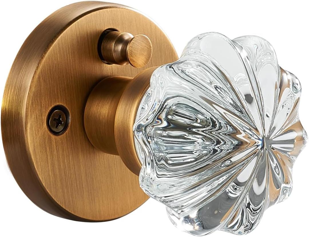 Privacy Door Knob with Clear Crystal Glass Flower Handle and Antique Amber Brass Rosette  Elegant Vintage Interior Lock Set for Bedroom & Bathroom