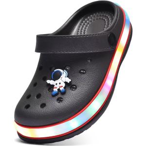 XPKWS Toddler Kids Clogs Boys Girls LED Garden Shoes Light up Sandals Slip on Quick Dry Beach Slippers (Black), Size 13