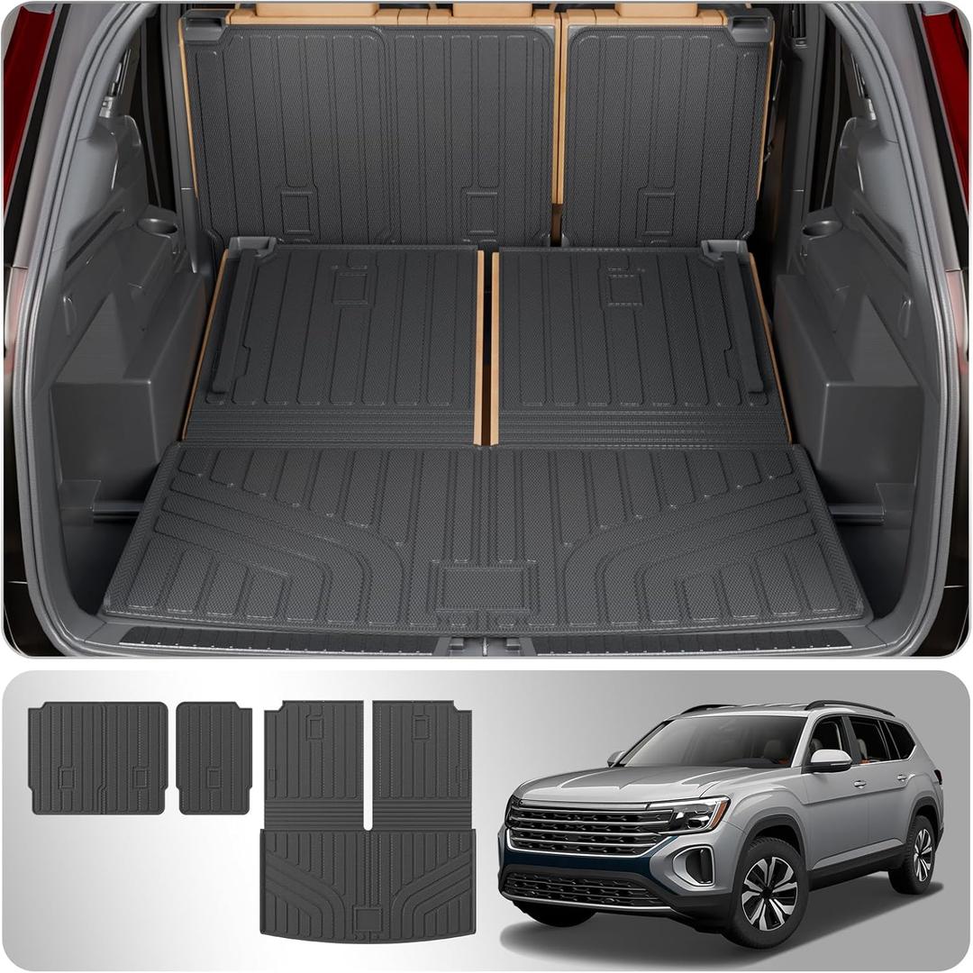 Cargo Liner Compatible with 2018-2025 Volkswagen Atlas (NOT for Cross Sport) Cargo Mat Kick Mats 2024 VW Atlas Accessories (2nd&3rd Row Backrest +Trunk Mats)