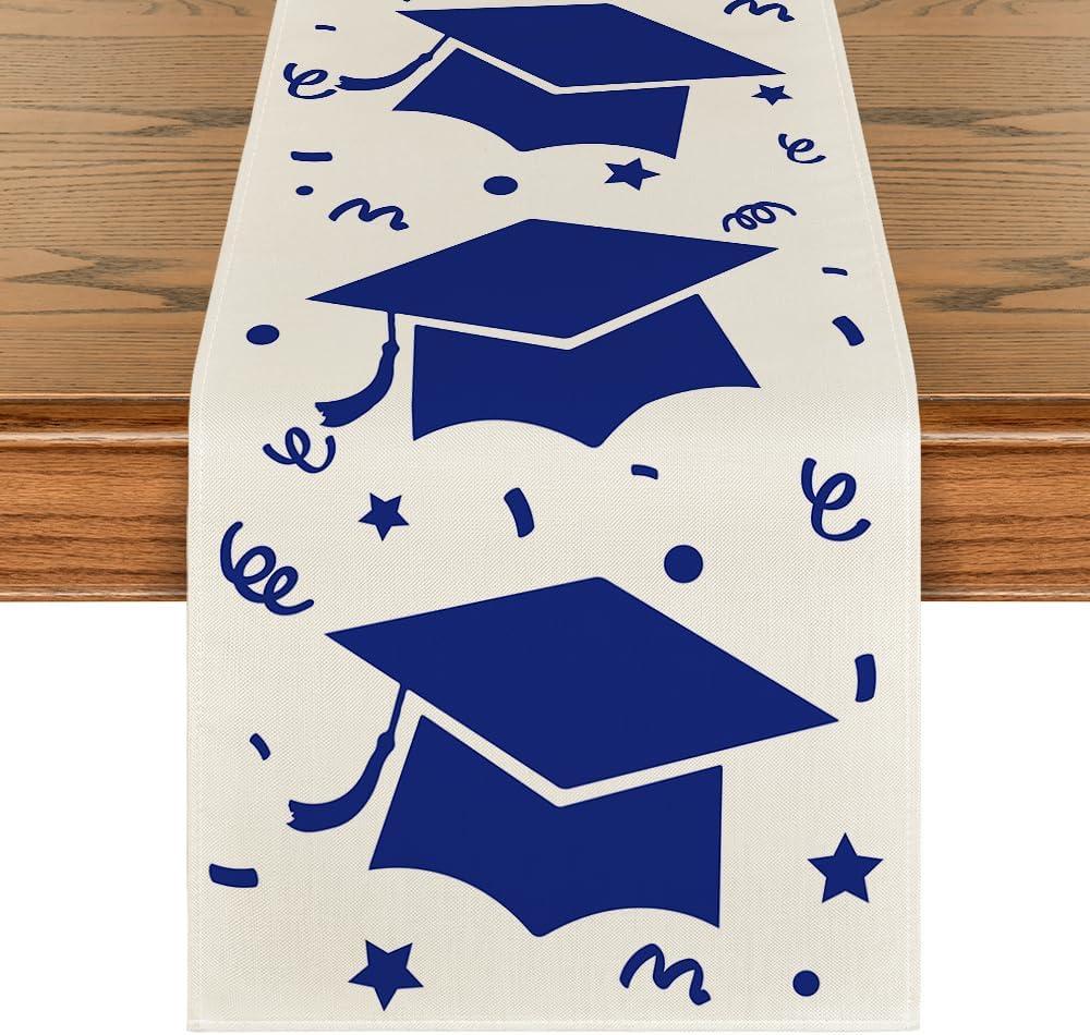 Artoid Mode 2026 Blue Stars Cap Graduation Table Runner, Holiday Kitchen Dining Table Runners for Home Party Decor 13x72 Inch