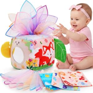 Baby Tissue Box Toy, Montessori Sensory Toy for Babies 612 Months, Infant Early Learning Toy with Mirror, Textured Tails & Squeaky Sounds, Baby Gift for Boys & Girls
