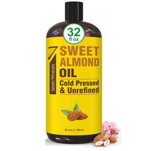 Seven Minerals, Pure Cold Pressed Sweet Almond Oil - Big 32 fl oz Bottle - Unrefined &100% Natural - For Skin & Hair, with No Added Ingredients - Perfect Carrier Oil for Essential Oils, 2 pack 