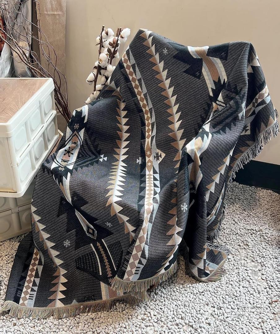 Aztec Throw Blanket 51"x63" for Sofa Couch Chair Bed, Reversible Cotton Western Blanket with Tassel, Black and White Boho Blanket Southwestern Tapestry Home Decor Travle Camping Blanket
