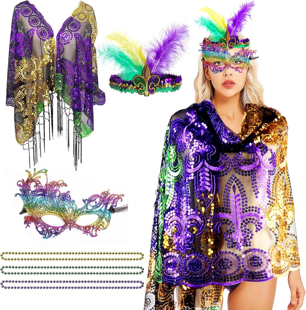 Edussy Outfit Set for Women- Classic Costumes including Headband, Shawl, Mask, and Beaded Necklace Accessories for Women