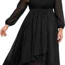 Talisea Plus Size Cocktail Dress - Formal Wedding Guest Fall Long Sleeve A Line Pleated V Neck Midi Dresses for Curvy Women (Black), 14W