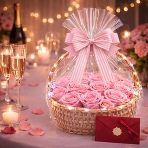 Eternal Rose Flower Basket with LED Lights, Natural Preserved Roses Gift Box with Bow, Elegant Present for Wife, Mom, Girlfriend, Grandma, Graduation (Pink Roses, Standard)
