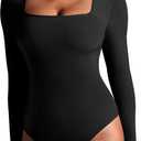 IUGA Long Sleeve Bodysuits for Women Square Neck Bodysuit Shapewear Bodysuit Tummy Control Slimming Body Suit for Womens (XX-Large, Black)