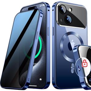 [Full Camera Protection& Mechanical Lock] Magnetic Privacy Case for iPhone 15 [Compatible with MagSafe] [CD Metal Ring] Full Body Shockproof Metal Bumper, 9H Anti Peeping Glass Cover-Blue