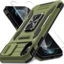 DEERLAMN Case for iPhone XR with Slide Camera Cover+Screen Protector (1 Pack),Rotated Ring Kickstand Military Grade Shockproof Protective Cover 6.1 Inch-Olive Green