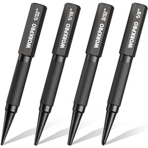 WORKPRO 4-Piece Nail Punch and Center Punch Set, Hardened Cr-V Steel with Knurled Grip,1/32", 1/16", 3/32" Nail Setter & 1/32" Center Punch Tool