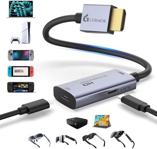 Guermok AR Glasses HDMI to USB-C Display Adapter, 4K@60Hz Play and Charge XR Converter with DC 5V, for XREAL One/Air 2 Pro/RayNeo/Rokid, Steam, Switch 2/1, PS5/4, Portable Monitors (Sliver)