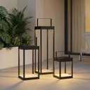 Set of 3 Modern Black Metal Lanterns Lights Battery Powered Floor Lamp, 21.6"/11.7"/6.5" H, Indoor/Outdoor, 3000K with 6H Timer, for Patio Porch Fireplace Wedding Holiday Decor, Battery Not Included